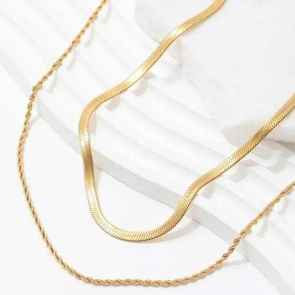 Gold Layered Double Chain Gold Necklace Herringbone & Rope Chain Waterproof - Picture 14 of 14